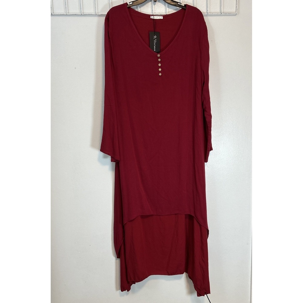R. Vivimos‎ Women XL Red Layered Gauze Swing Dress Long Sleeve V-Neck 6390